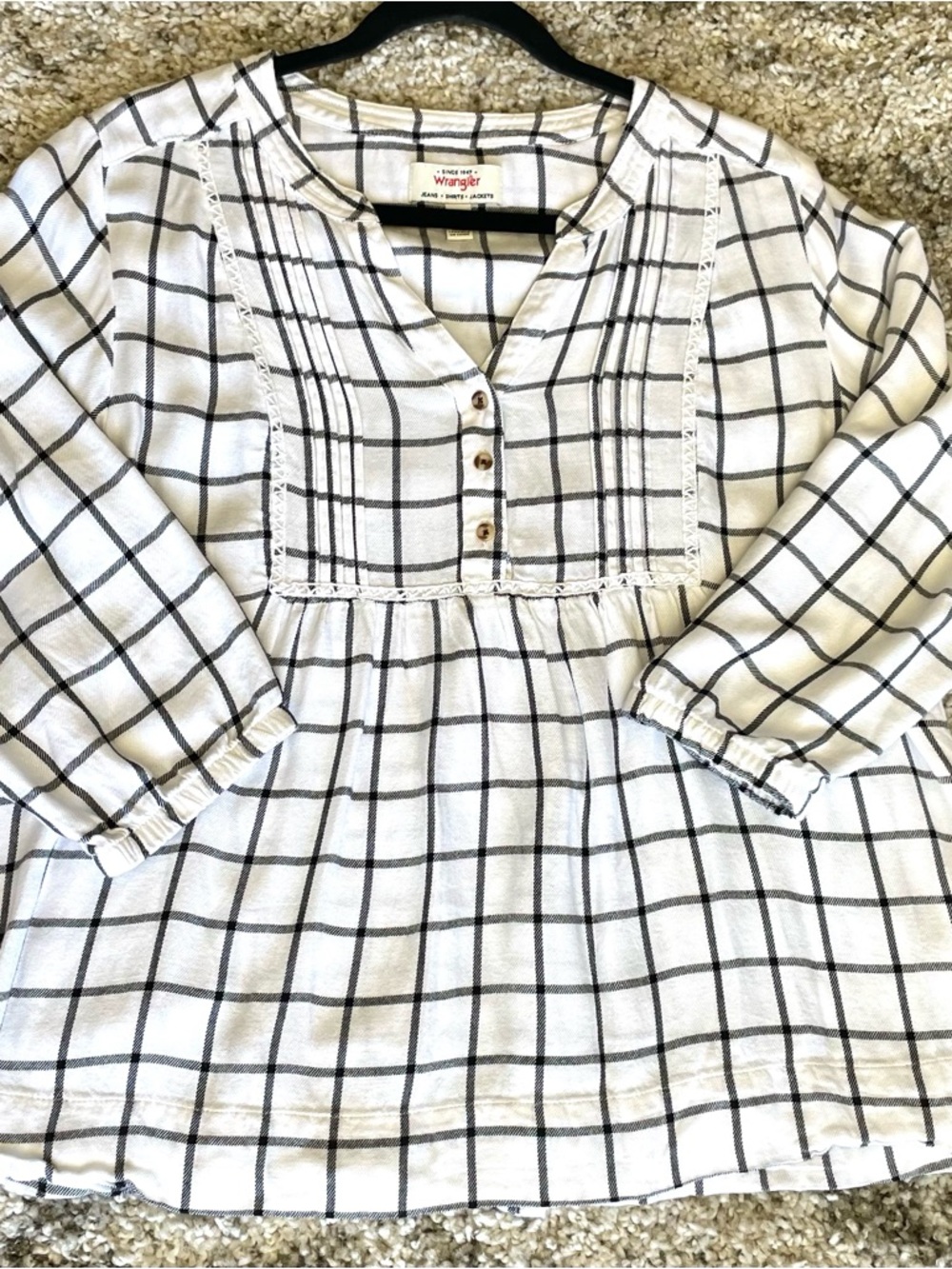 Wrangler Women’s Plaid Blouse Medium- Black & White Windowpane Pintuck Boho Top - Picture 10 of 13